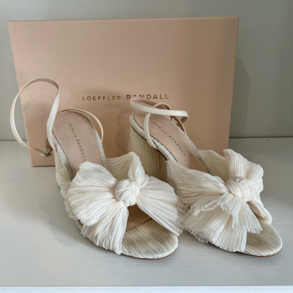 Loeffler Randall Cream Bow Wedge Sandals